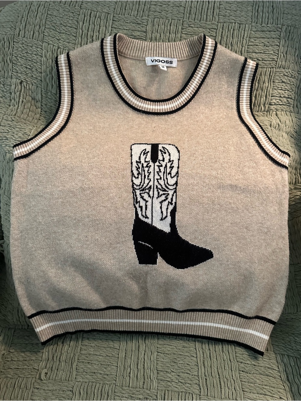 Vigoss Beige Sweater Vest with Black Cowboy Boot Motif